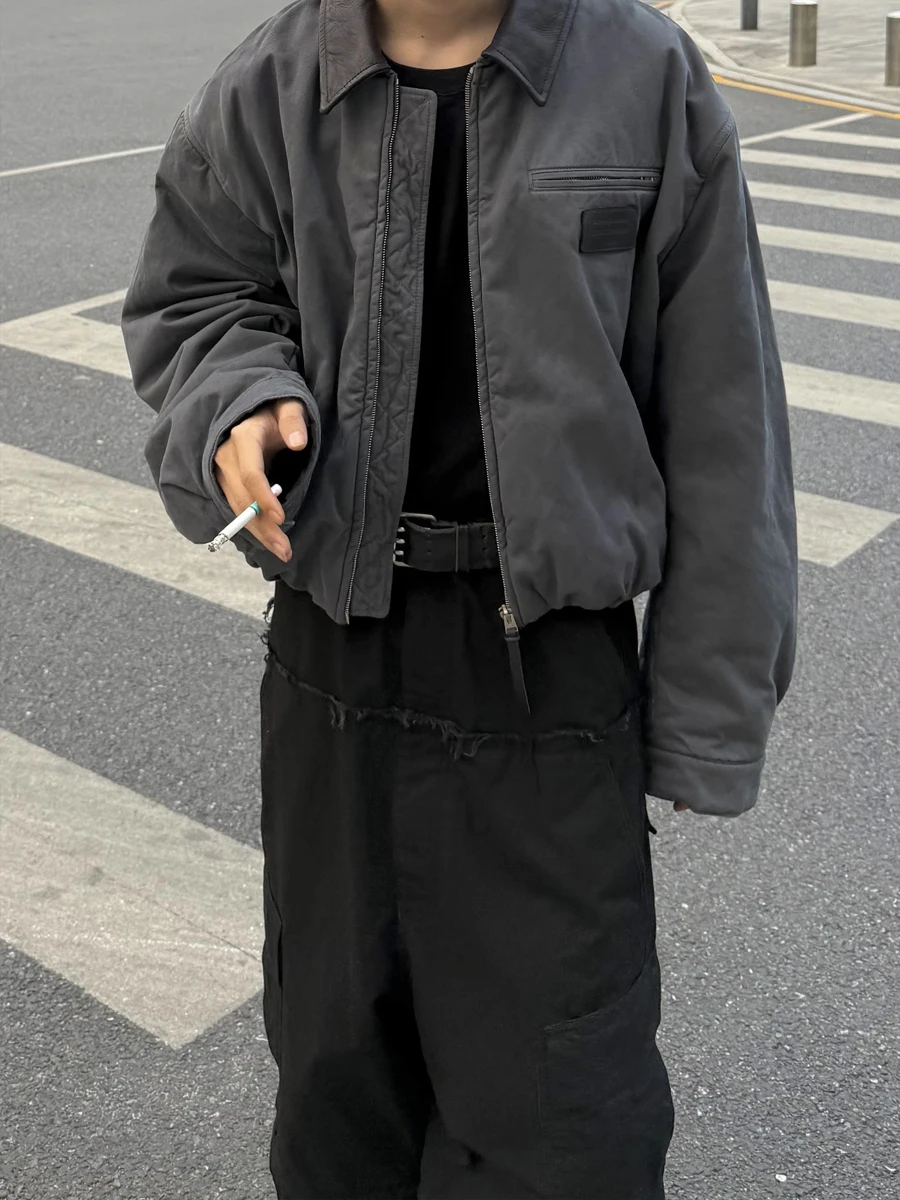 

Antique Barn Sle Balloon Jaet Cotton Coat with Leather Collar Patchwork And Label Design Loose Fit Autumn Men's Jaet