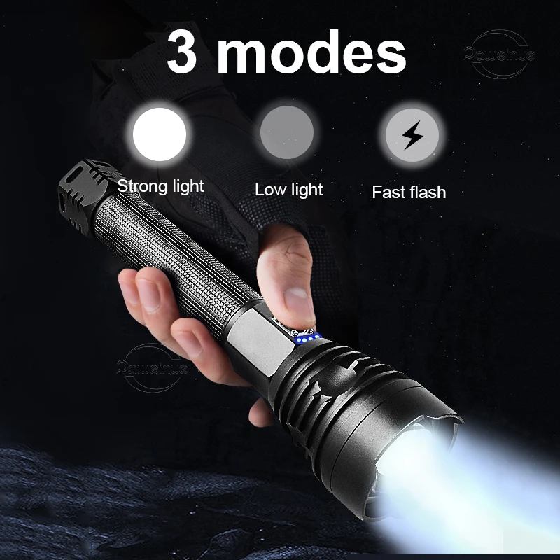 High Power Led Flashlight XHP360 Zoom 2000m Typer-c Charging IPX6 Waterproof Torch Light Outdoor Camping Rechargeable Flashlight