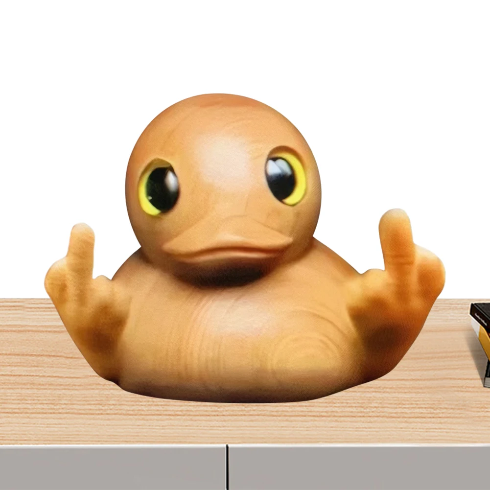 Mini statua di anatra multifunzionale in legno divertente con dito medio, statuette di anatra gialla, decorazione per desktop da ufficio domestico