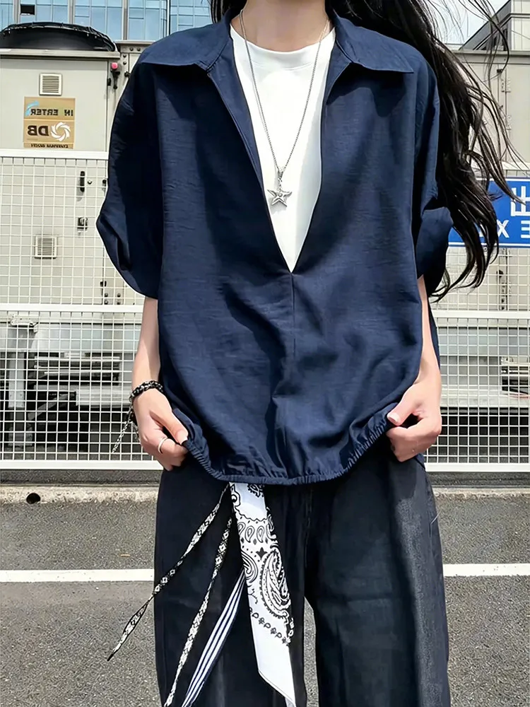 

Blue Summer Fake Two-Piece Shirt Short Sleeve V-Neck Men Women Casual Style Linen-Like Print Splice Couple Half Sleeve Jacket