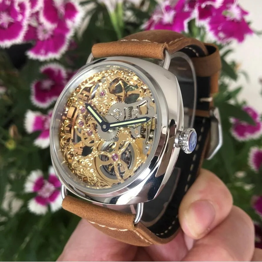 

45mm GERRVO No Logo St3600SK Golden Hollow Out Skeleton Manual Winding Movement Two Hands Men's Pilot 6497 Watch GR0401-24