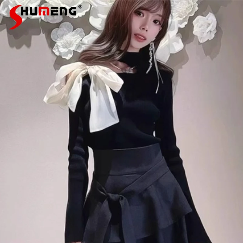 

Японские милые свитера на шнуровке с открытыми плечами и бантом, осенние новые женские облегающие элегантные вязаные пуловеры, женский повседневный повседневный свитер