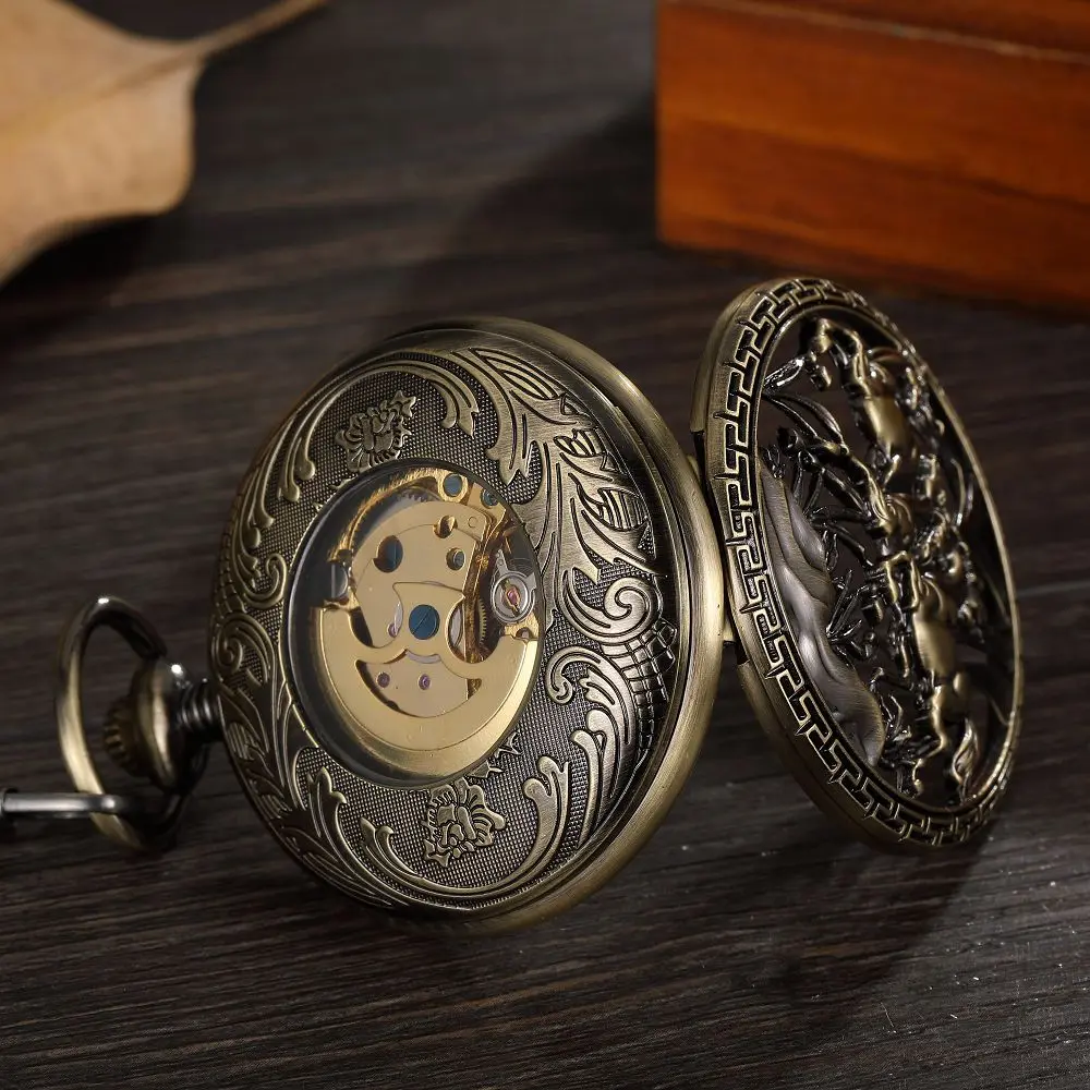 Vintage Bronze Pocket Watch Automatic Mechanical Retro Horse Full Hunter Pendant Watch with Fob Necklace Chain for Men Women New