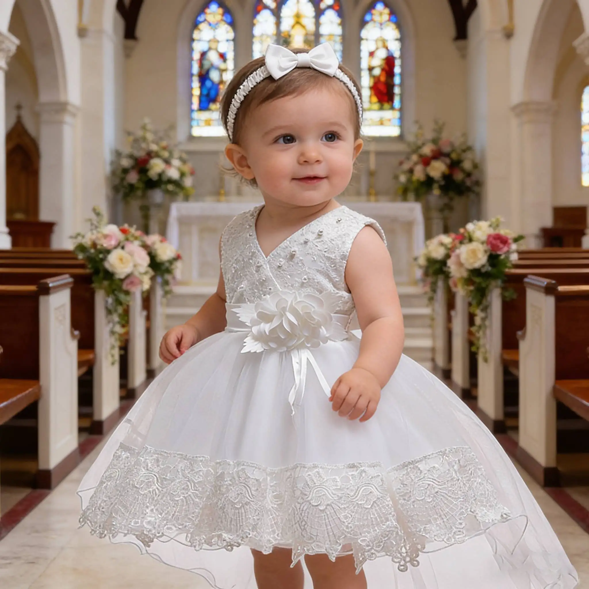 

Белое платье с цветочным узором для девочек, детское бальное платье на первый день рождения, 2026, для крещения, нарядное платье для подружек невесты, 3-24 месяца