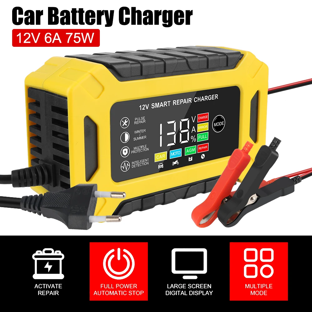 Wet Dry Lead Acid Gel Charger 12V 6A Car Auto Battery Charger Pulse Repair Smart Truck Motorcycle Charger Digital LCD Display