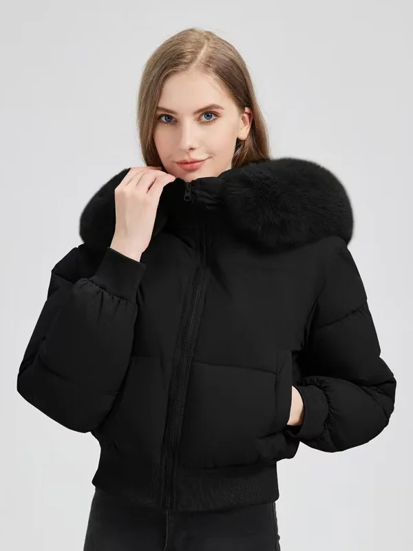 

Women's Hooded down Jaet 2025 Autumn Winter New Sle Waist-Cinching Thi Warm ort Bread Sle Coat Large Fur Collar