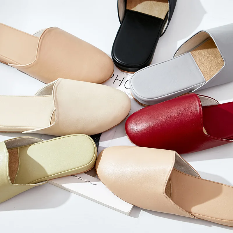 High Quality PU Leather Indoor Slippers For Women Men Office Mules Leisure House Shoes Anti-slip Solid Color Couples Home Slides image 6