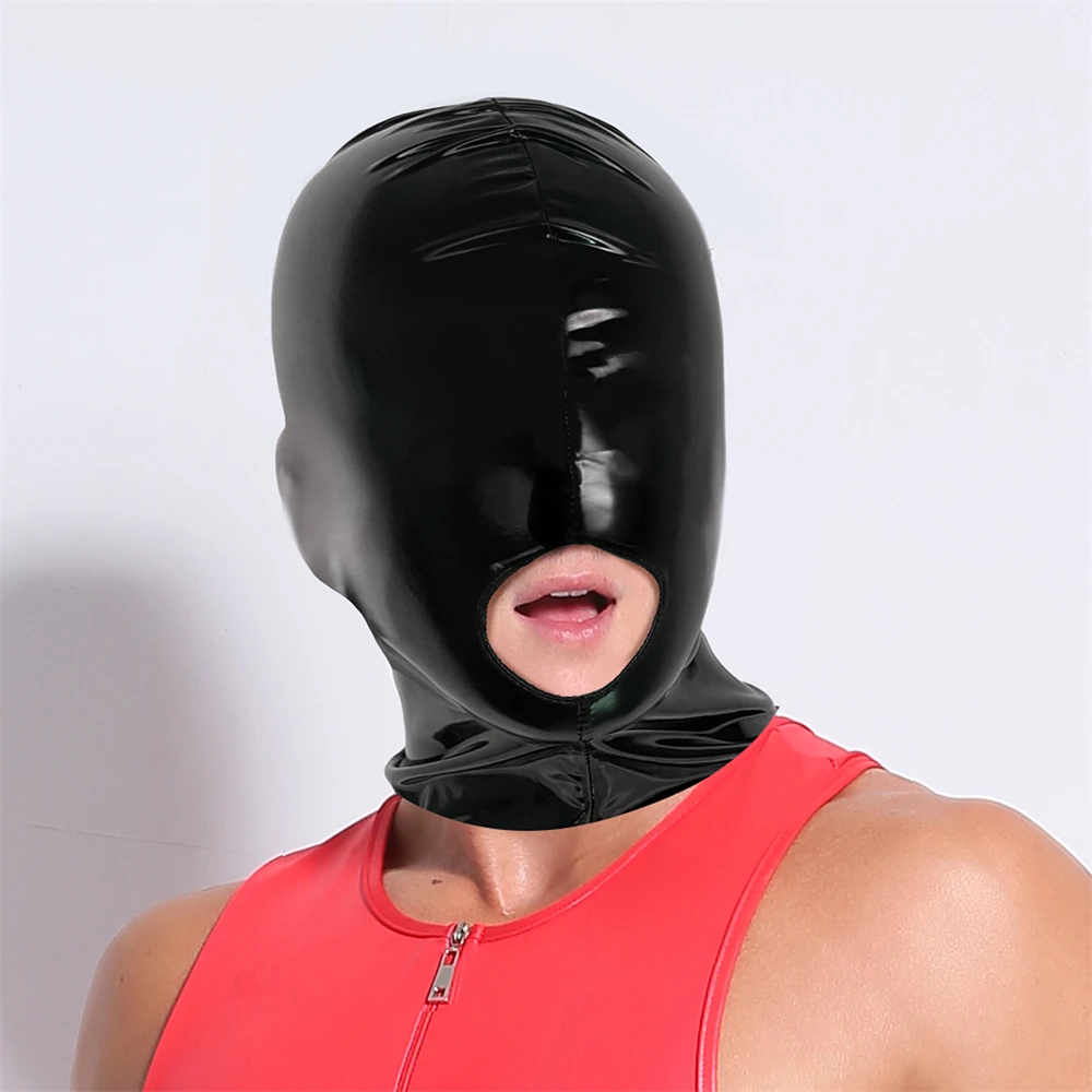 

Men Black Leather Face Mask Hood Eyes Mouth Open Cosplay Fetish Mask Adult Unisex Costume Party Role Play Headgear Accessories