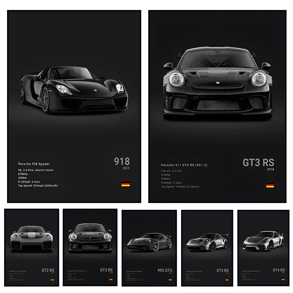 Kunstposter der Serie 918 GT3, Schwarz, Sportwagen, Kunstdekoration, Gemälde für Zuhause, Wohnzimmer, Esszimmer, Wanddekoration, Geschenk