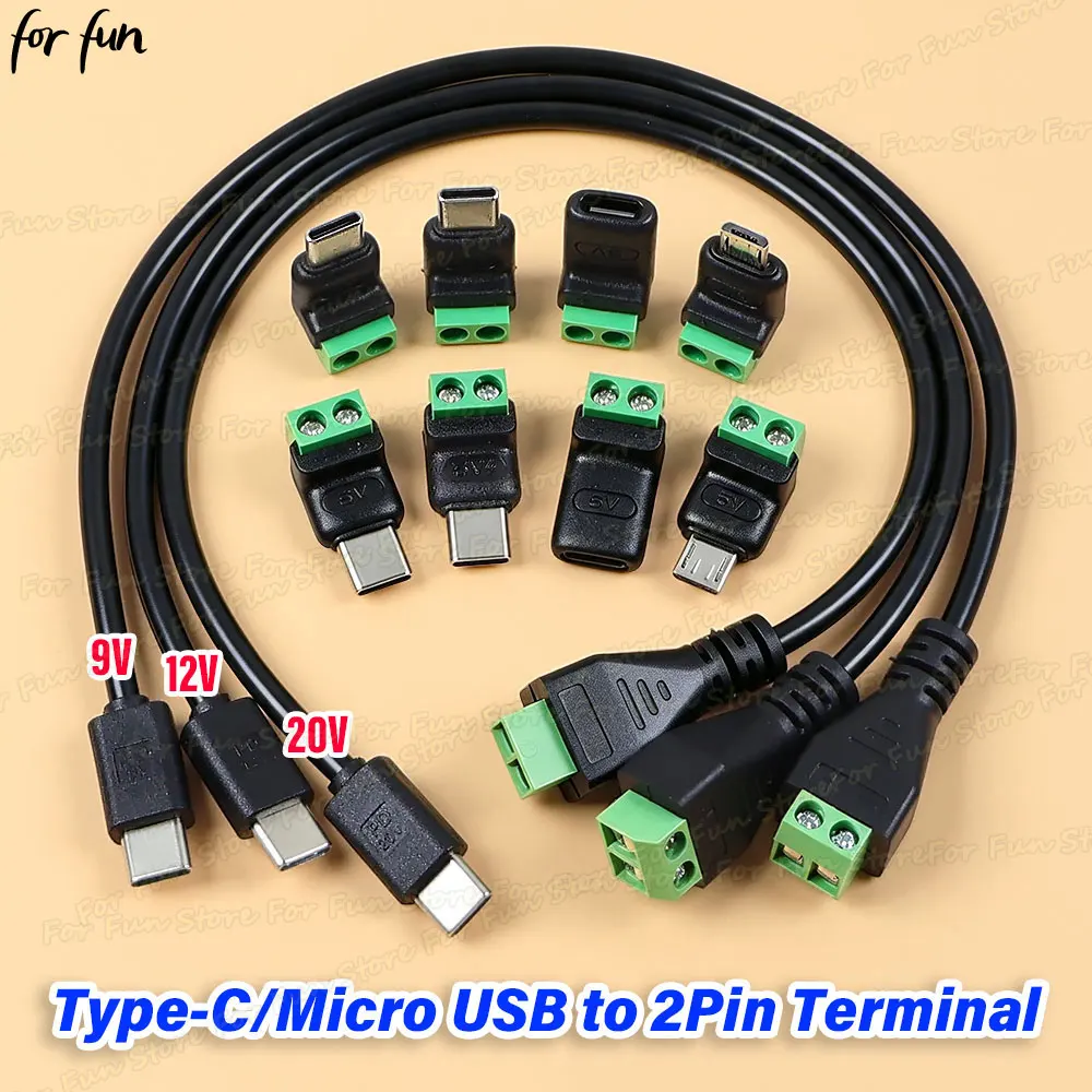 For-Fun 1PC Solderless Plug Type-C Micro USB to 2Pin Terminal Adapter Screw Crimp Terminal Block 9V/12V/20V Charging Connector