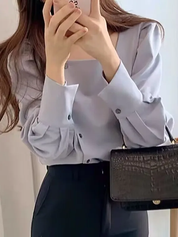 

Loose Women's Square Collar Shirt Spring Vintage Chiffon Base T-Shirt Lockbone Leakage Hong Style Office Lady Cotton Long Sleeve