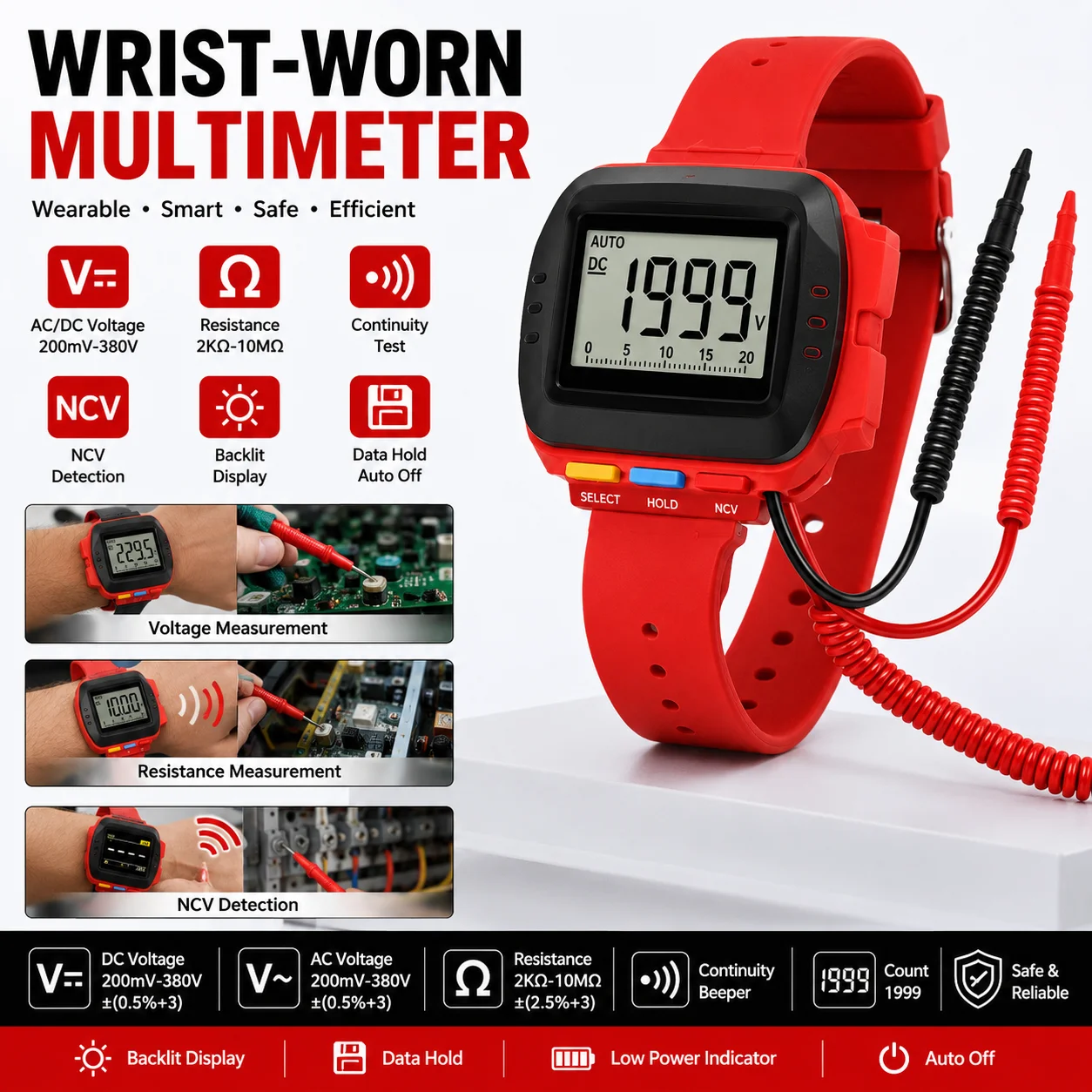 Wrist Wearable Digital Multimeter Auto Range AC DC Voltage Resistance NCV Tester With Backlight For Electrician Repair Tool