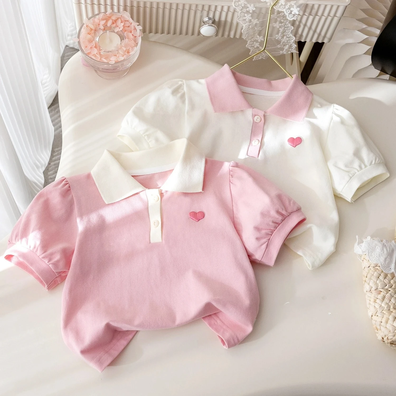 

Футболка с короткими рукавами и вышивкой для маленьких девочек, летние повседневные розовые футболки с лацканами, милые топы для девочек, детская одежда