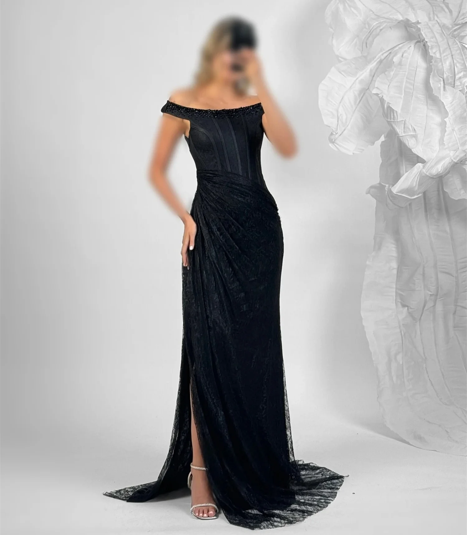 

Slit Black Lace Beaded Long Bespoke Occasion Gown Evening Dresses Prom Pastrol Unisex Jersey Retro Dubai Saudi Arabic Customized