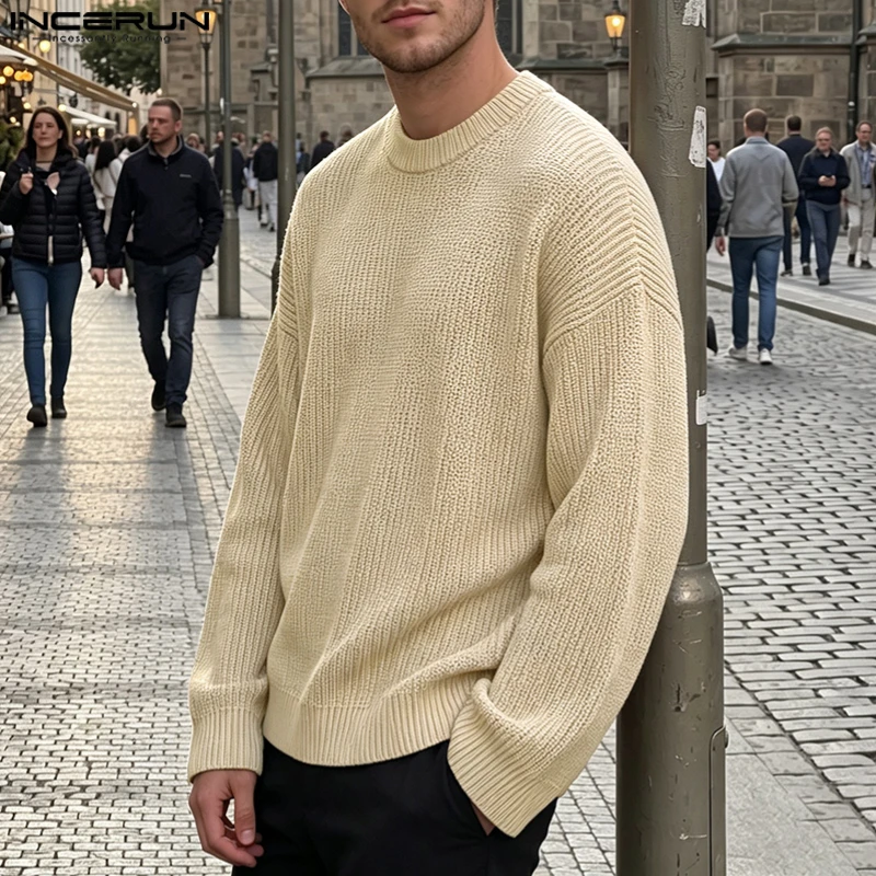 INCERUN Men's Sweaters Solid O-neck Long Sleeve Spring Autumn Men's Clothes Streetwear Loose Fashion Casual Pullovers For Man