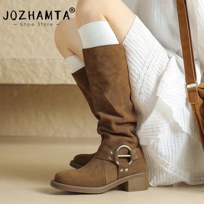 

JOZHAMTA Size 34-40 Popular Western Women Knee-High Boots Cow Suede Leather High Shoes Woman Office Lady Autumn Winter Boots