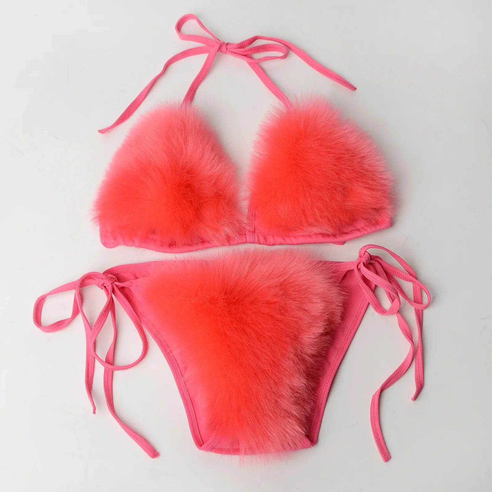 Fake Fox Fur Monocromático Bikini Set para Mulheres Faux Fur Swimsuit Sexy Underwear, Sutiã Dividido Triângulo, Swimwear de Pelúcia, Dois Maiôs Peça, Novo