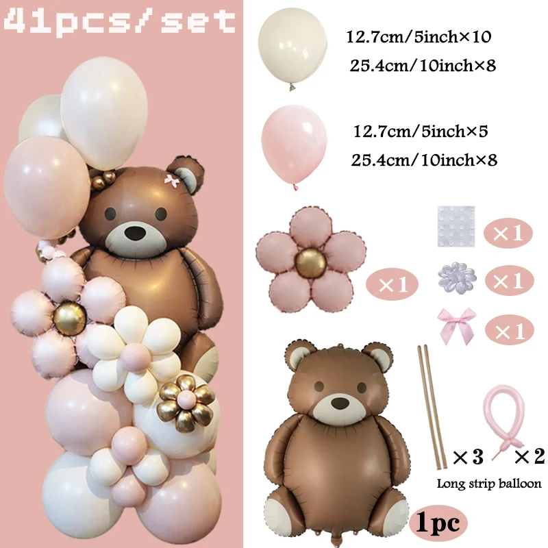 Braunbär-Ballon-Set, Blumen-Aluminiumfolie, Ballon, rosa Latex-Ballon, Schleife für Geburtstags- und Hochzeitsdekoration – Detail 2