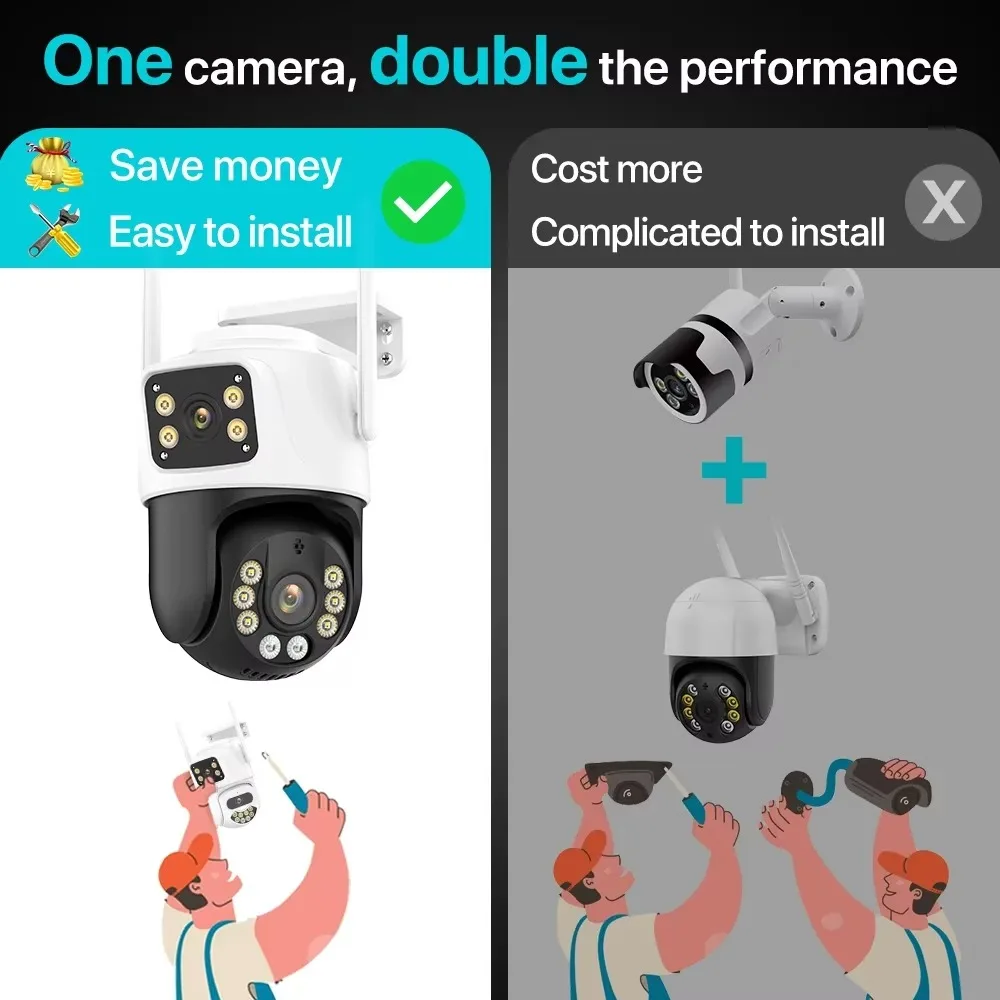 4K 8MP HD Wifi PTZ Camera Outdoor 6MP Dual Lens Dual Screen AI Auto Tracking IP Camera CCTV Audio Video Surveillance P2P iCSee