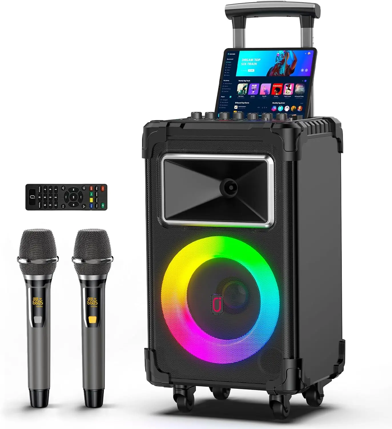 Large Portable Bluetooth Karaoke PA System with 2 Wireless Microphones, 10-Inch Woofer, 500W Peak Power, Bass/Treble Controls, Remote, LED Lighting, Rolling Wheels & Trolley