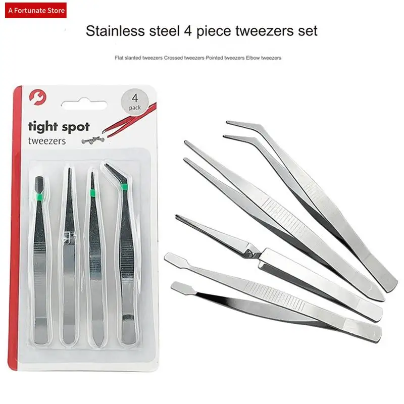 

4-Piece Set Of Stainless Steel Combination Tweezers, Elbow Tip, Labor-Saving Pliers,Cross-Reverse Flat-Mouth Stamp Clips-A78G