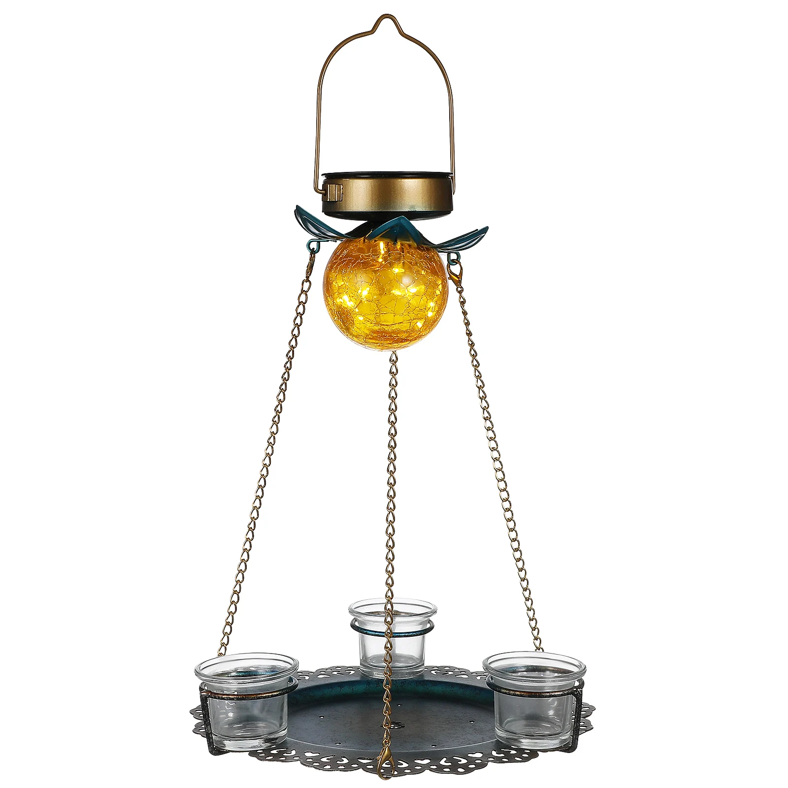

Solar Powered Bird Feeder Tray with Water Cups Golden Hanging Deck for Outdoor Use Wild Bird Feeders Platform Bath
