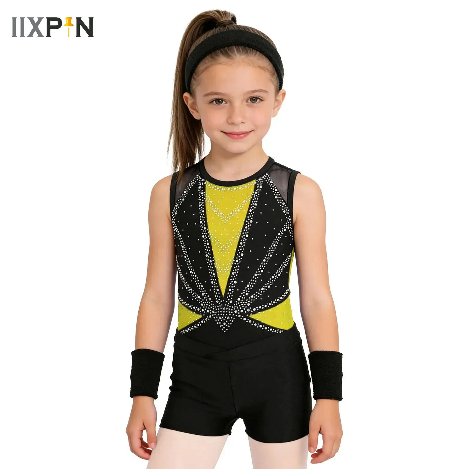 

Sparkling Rhinestones Jazz Latin Dance Leotard for Girls Kids Gymnastics Performance Outfit Sleeveless Leotard+Shorts Dancewear