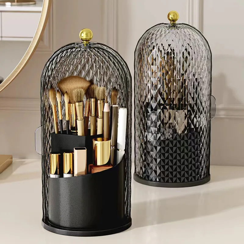 Diamond Birdcage Makeup Brush Holder with Lid 360 Rotating Clear Dustproof Makeup Brushes Organizer for Vanity Lipstick Holder