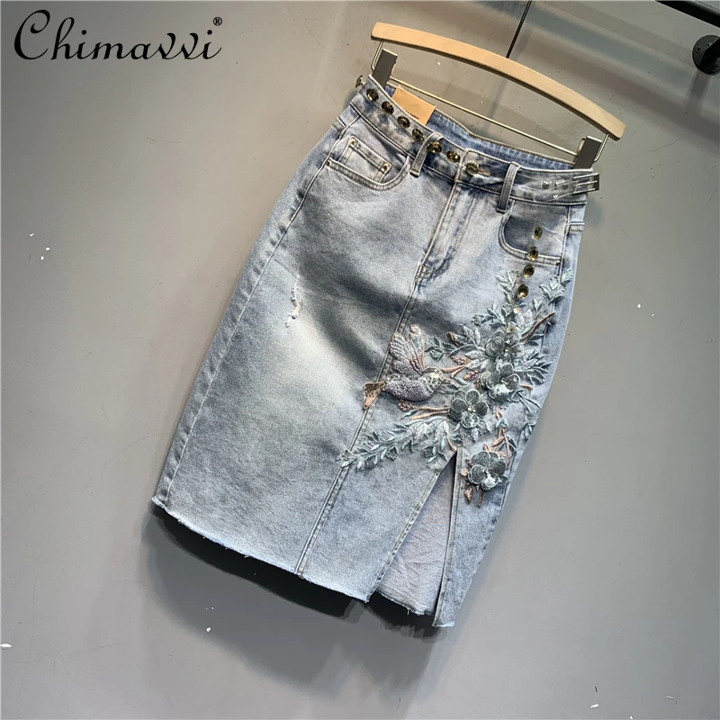 Original 2024 Summer Clothes New Heavy Embroidery Flower Denim Skirt Fashion Retro Light Blue Split Streetwear Women's Skirt