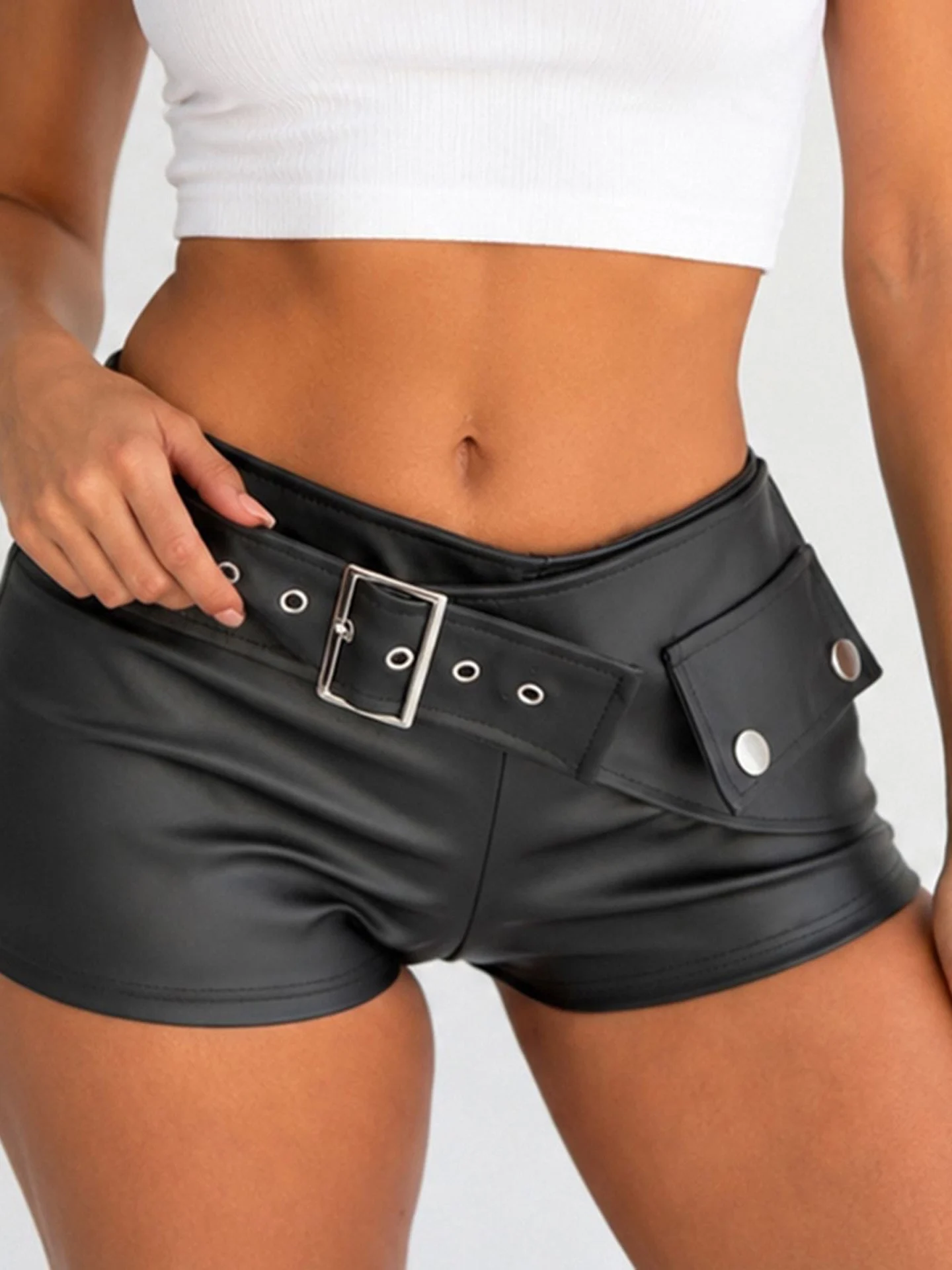 Low Waist PU Leather Shorts Women's Fashionable Adjusted Waist Belt Stylish Slimming Trendy Bell Bottom Casual Pants