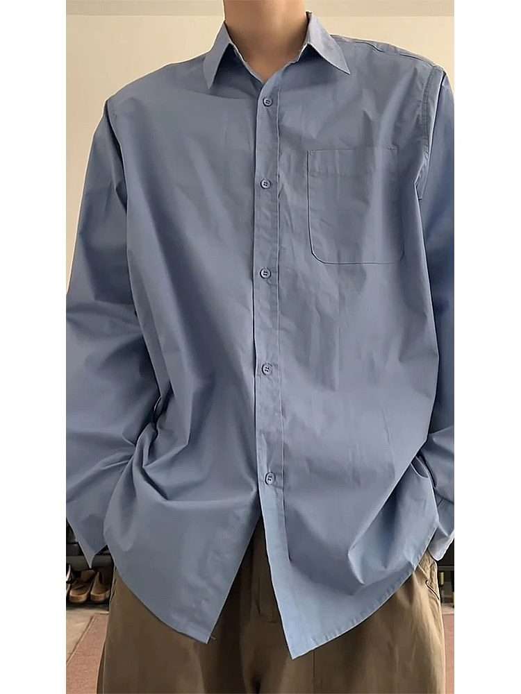 

Мужская рубашка с длинным рукавом, синяя, однотонная, свободного кроя, в японском стиле, для весны и осени, премиум-класса, повседневная