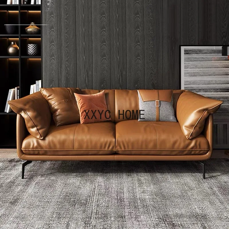 

Italian Minimalist Feather Leather Couch Modern Living Room Furniture Small Apartment Light Luxury Layer Cowhide Orange Sofas