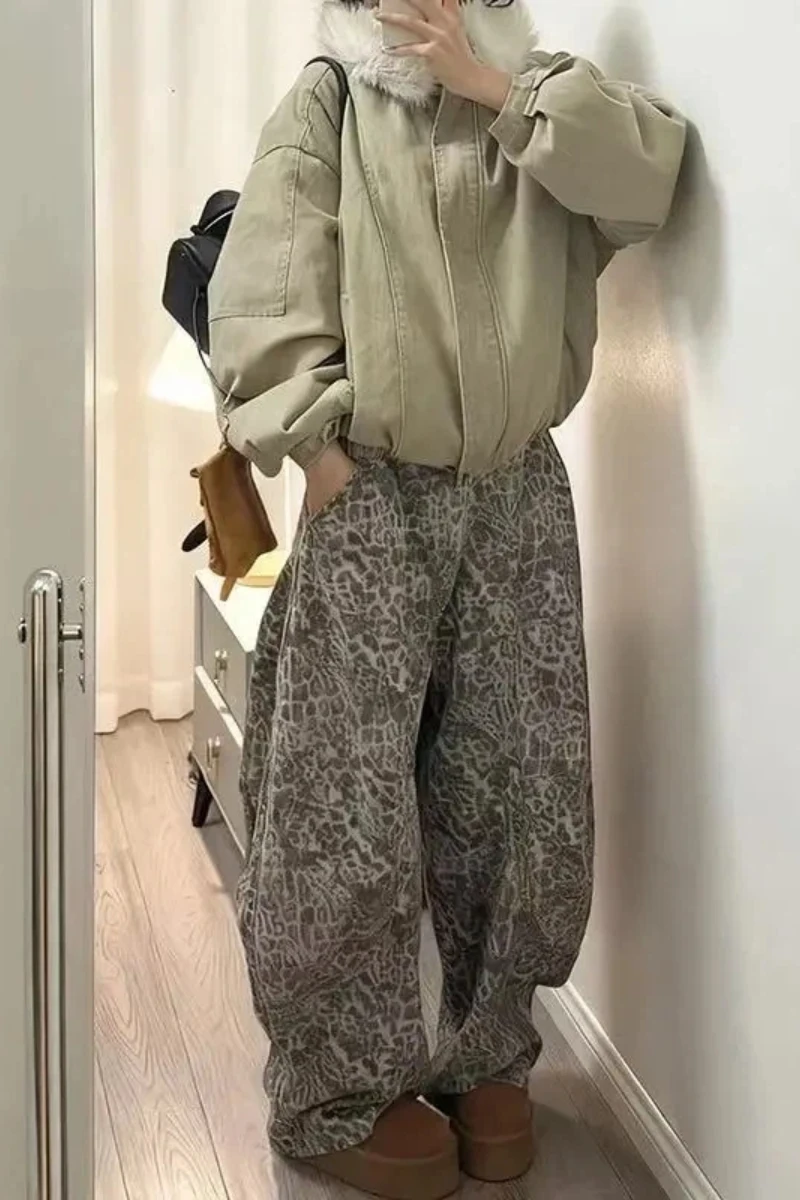 Women's Y2K High Waist Wide Leg Jeans Print Design Loose Fit Flare Trousers Comfort Stretch Casual Fashion Winter New