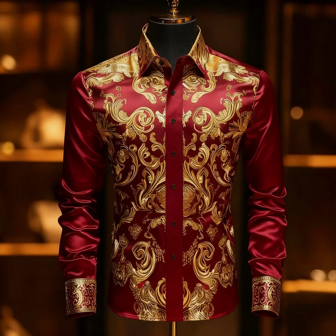 

2025 New stylish men's patterned collar shirt, casual color-blocked long-sleeved shirt, business wedding dress shirt.