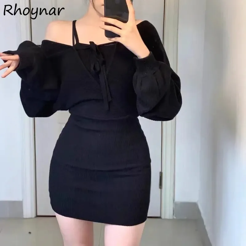 Solid Long Sleeve Dresses Women Autumn Spicy Girls Fake 2cs A-line Hip-covering Slimming Korean Style Fashion Streetwear Chic