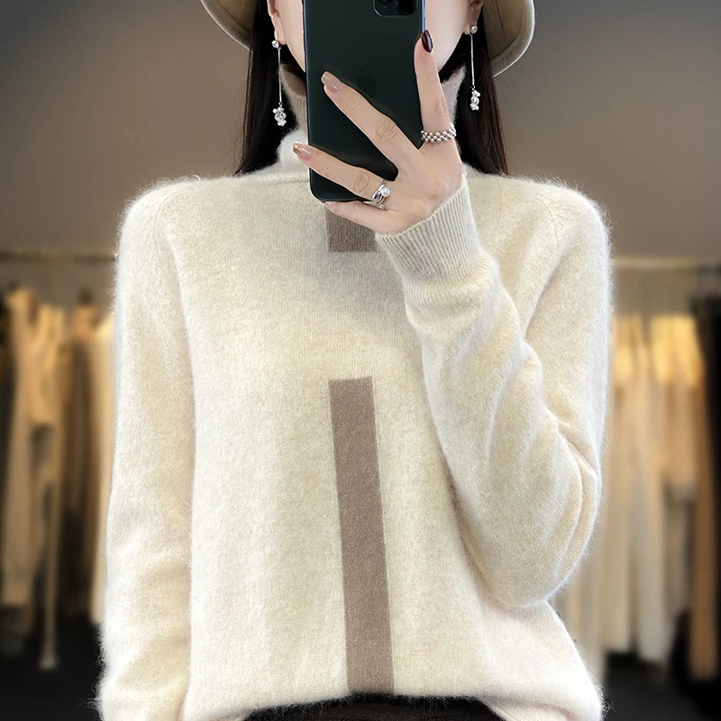 100% Mink Fleece Sweater Women\'s Stand Up Collar Colored Top Pullover Spring And Autumn New Korean Fashion Tight And Warm Fit