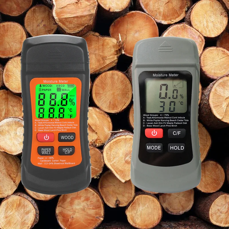 Digital Handheld Portable Moisture Meter Tester Wall Moisture Detector Firewood Paper Wood Integrated Thermometer with Backlight