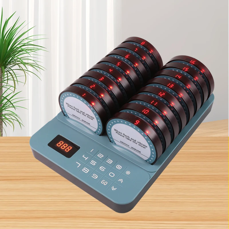 Wireless Restaurant Pager System 16 Coasters 500M Serial Number Mode Vibrate Flash Ring - Food Truck Cafe Shop Bar
