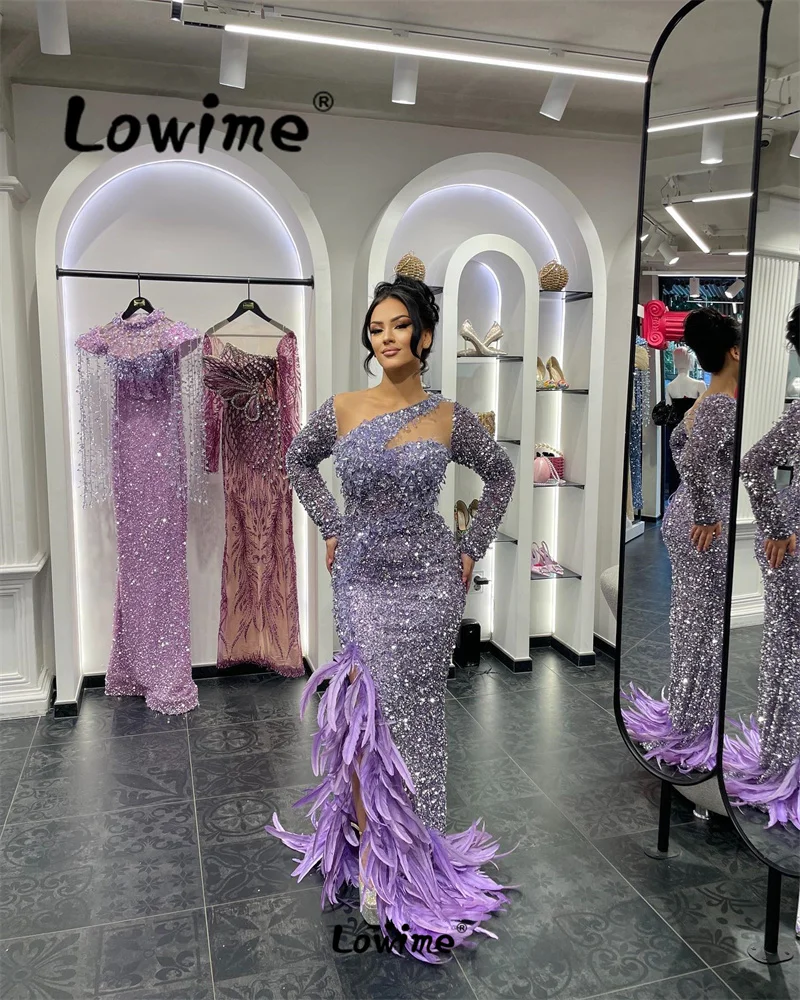 Feather Purple Prom Dresses Mermaid Arabic Party Second Reception Crystals Engagement Gowns For Wedding Women Evening Dress Robe