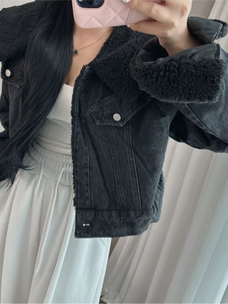 

Женское зимнее пальто из хлопка с воротником из овечьей шерсти или джинсовой ткани, новый модный дизайн, универсальное, в корейском стиле, весна-осень