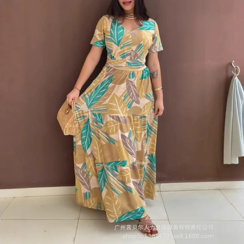 

Long Dress Women Dresses A Line Vestidos Streetwear Maxi V Neck Short Sleeve Print Elegant Y2k High Waist Work Summer 2025