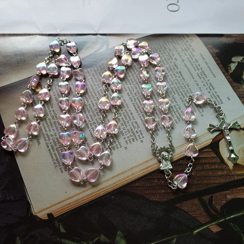 CR016 Pink Love Heart Rosary Beads Necklace Virgin Mary Christ Jesus Cross Pendant Necklace Women Men Catholic Jewelry Gift