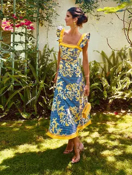 Moda impressão puff manga o-pescoço vestido feminino cintura alta plissado magro maxi vestidos femininos casuais vocação rua vestidos