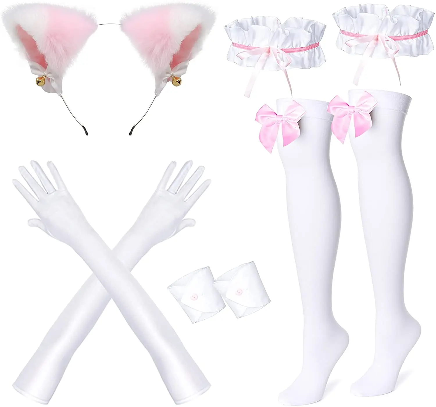 Anime französisches Dienstmädchen-Schürze, Lolita-Kostüm, Cosplay-Kostüm, pelzige Katzenohren, Handschuhe, Socken-Set