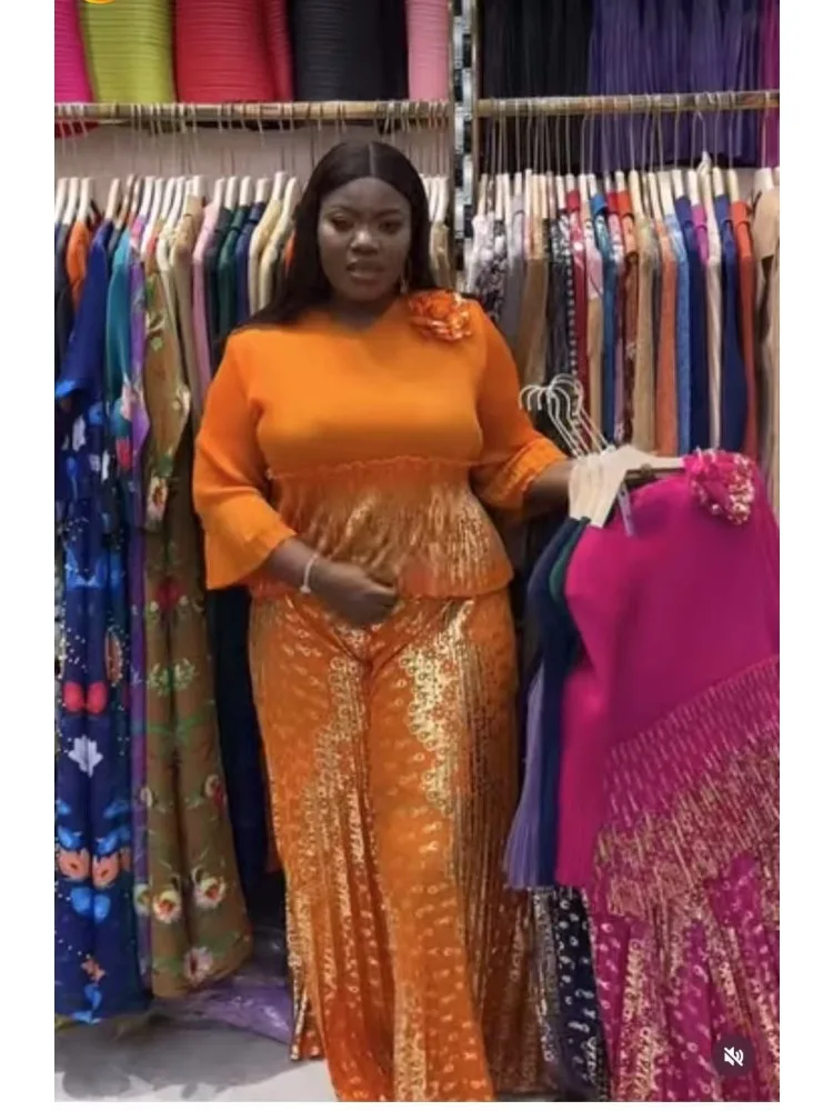 African Miyake Pleated Printing Fashion Suit Bronzing V-neck Top + Wide-leg Straight Pants Two-piece Sete Women's Clothing