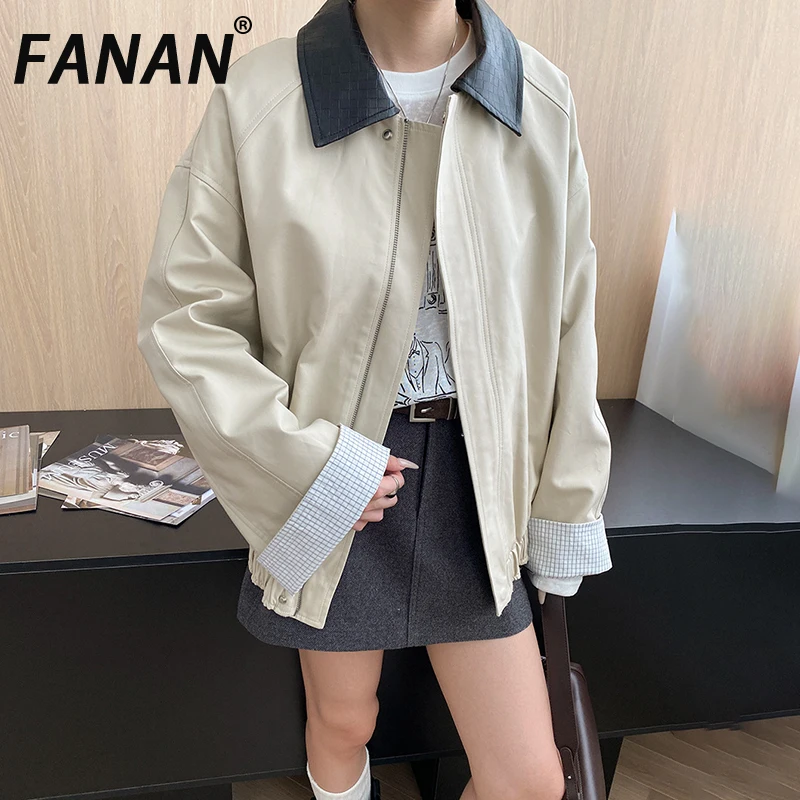 

FANAN Temperament Spliced Contrast Color Trench For Women Lapel Zipper Long Sleeve Office Lady Windbreaker 2025 Autumn New