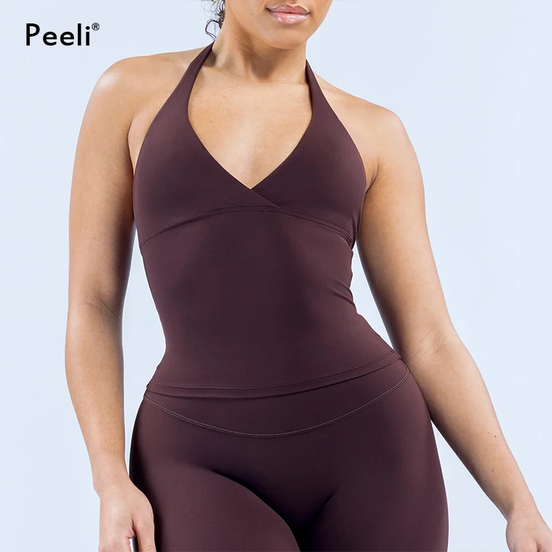 Halter Gym Top Women Clothes Deep V Neck with Padded Bra Workout Tank Top Open Back Yoga Shirts Gym Vest Running Sports Top