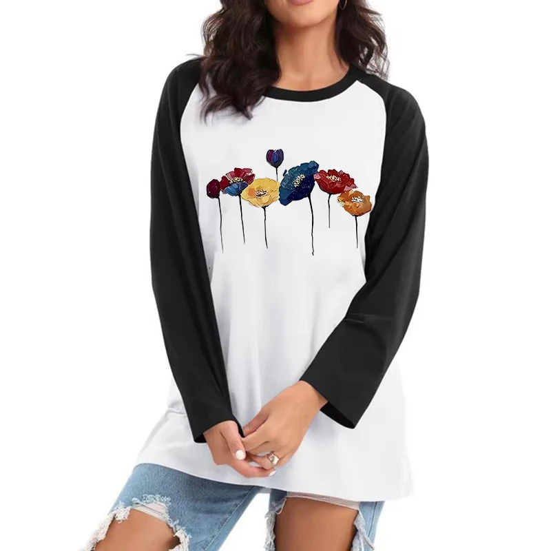 

Женская футболка с цветочным принтом и рисунком, повседневная футболка с круглым вырезом и длинными рукавами, обычные всесезонные винтажные футболки с графикой, одежда Y2k