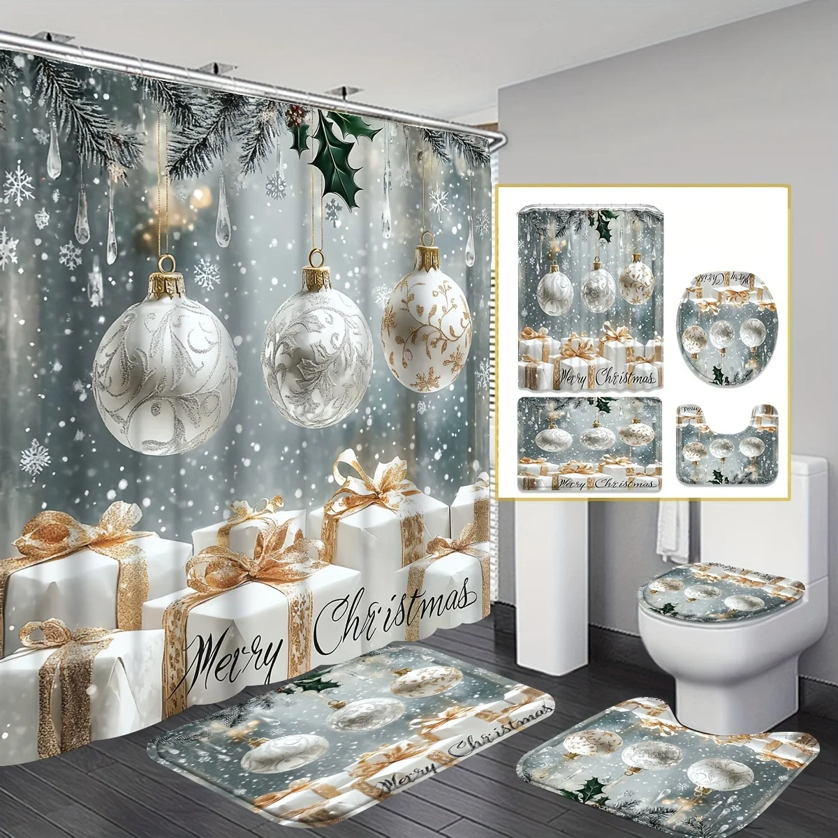 

4Pcs Xmas Bath Set – Housewarming Gift, 12 Hooks, Non-Slip Mat, U-Cover & Seat, Shower Curtain, Modern Bathroom Decor