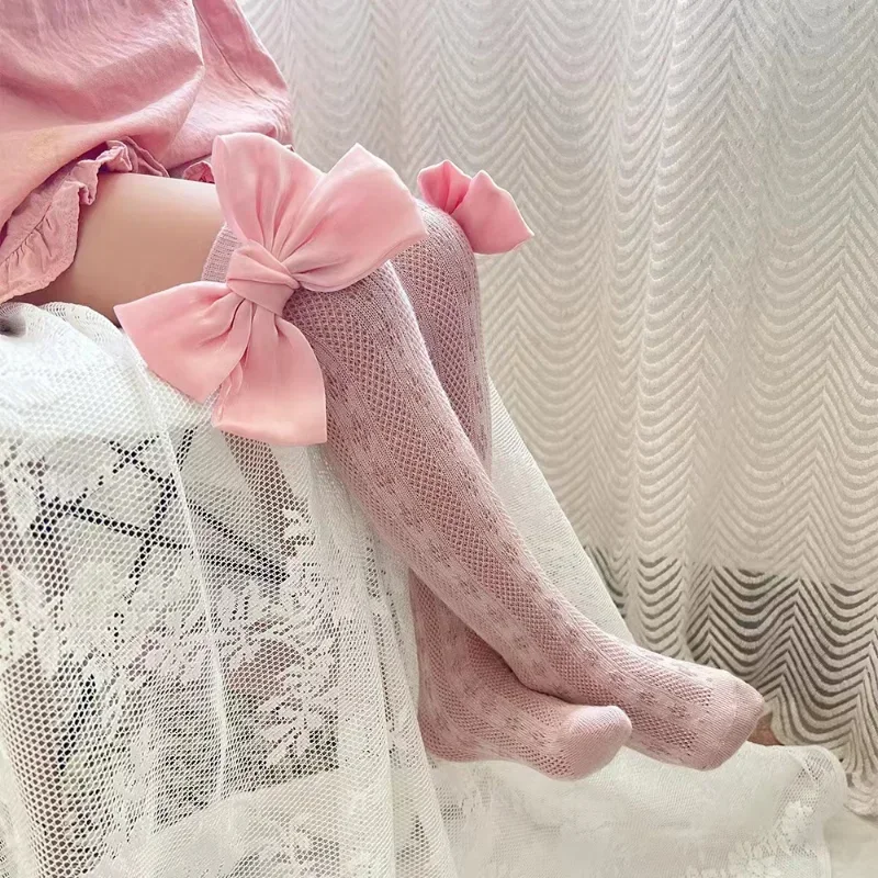 Baby Girl Big Bow Cotton Socks Girls Spanish Princess Sweet Bowknot Knee-Length Sock Kids Summer Mesh Hosiery Lolita Leggings